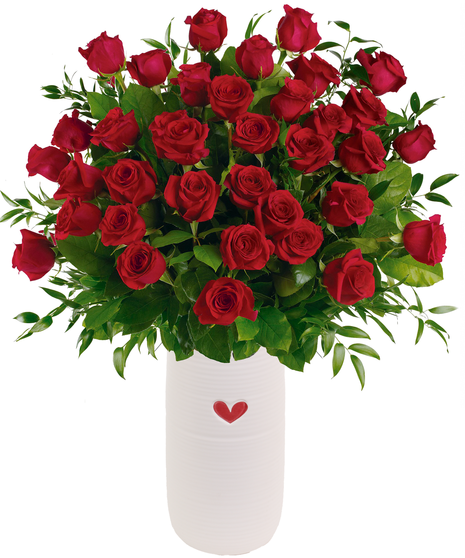 36 Premium Red Roses - Ceramic Heart Vase