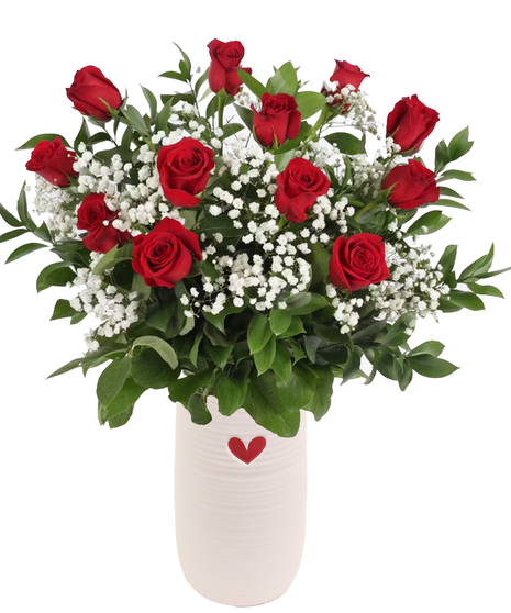 Red Roses Arranged  With Babies Breath