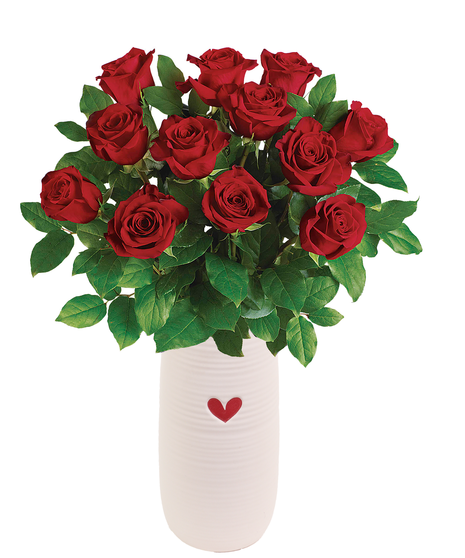 12 Premium Red Roses - Ceramic Heart Vase