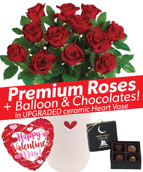 The Sweetheart Package - Premium Red Roses + 4-Piece Chocolate + Valentine Balloon